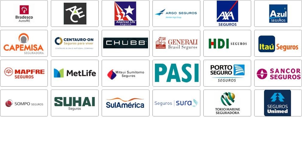 Ace, American Life, Argo Protector, Axa, Azul, Bradesco, Capemisa, Centauro, Chubb, Generali, Hdi, Itaú, Mapfre, Metlife, Mitsui, Pasi, Porto Seguro, Sancor, Sompo, Suhai, Sulamérica, Sura, Tokio Marine, Unimed Ace, American Life, Argo Protector, Axa, Azul, Bradesco, Capemisa, Centauro, Chubb, Generali, Hdi, Itaú, Mapfre, Metlife, Mitsui, Pasi, Porto Seguro, Sancor, Sompo, Suhai, Sulamérica, Sura, Tokio Marine, Unimed